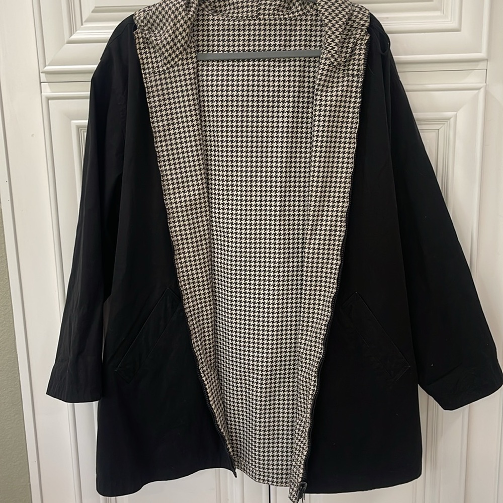 Jones of New York Black Houndstooth Reversible Hooded Jacket Sz Large Raincoat - Picture 2 of 16